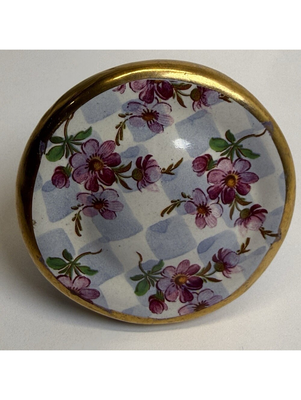 MacKenzie-Childs Ceramic Knob Morning Glory Floral Checked Blue White Gold Trim